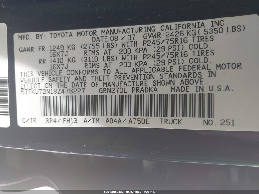 2008 TOYOTA TACOMA VIN: 5TEKU72N18Z478227