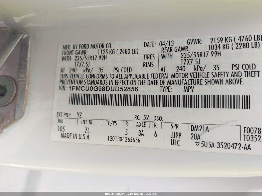 2013 FORD ESCAPE VIN: 1FMCU0G98DUD52856