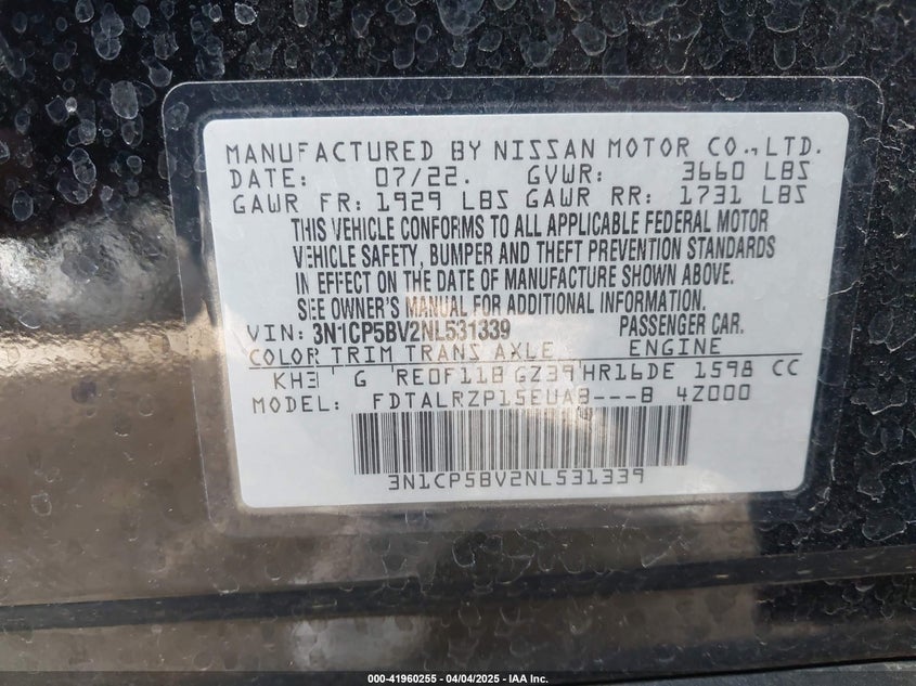 2022 NISSAN KICKS(VIN: 3N1CP5BV2NL531339