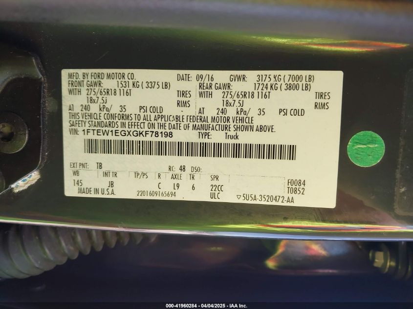 2016 Ford F-150 Xlt VIN: 1FTEW1EGXGKF78198 Lot: 41960284
