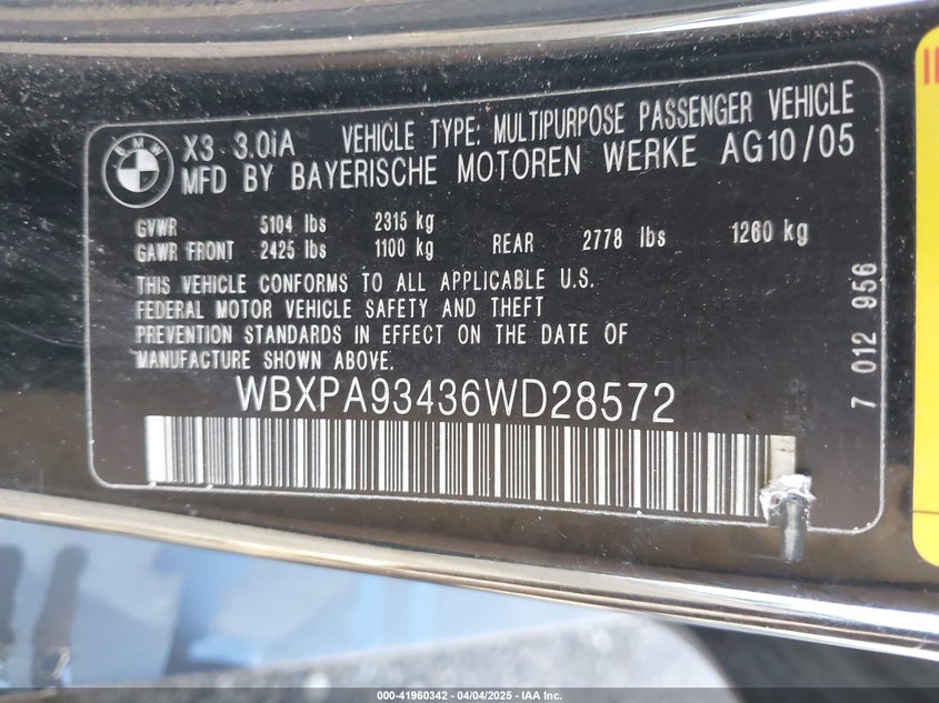 2006 BMW X3 VIN: WBXPA93436WD28572
