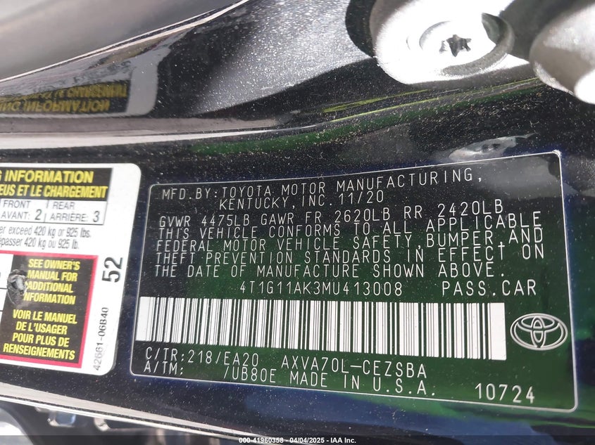 2021 TOYOTA CAMRY VIN: 4T1G11AK3MU413008