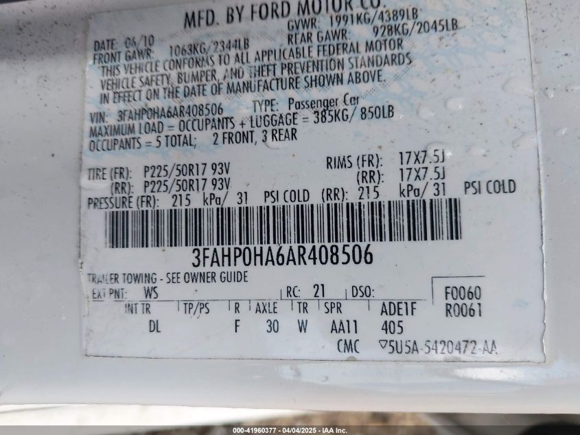 2010 Ford Fusion Se VIN: 3FAHP0HA6AR408506 Lot: 41960377