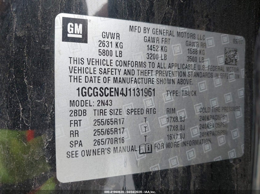 2018 CHEVROLET COLORADO VIN: 1GCGSCEN4J1131961