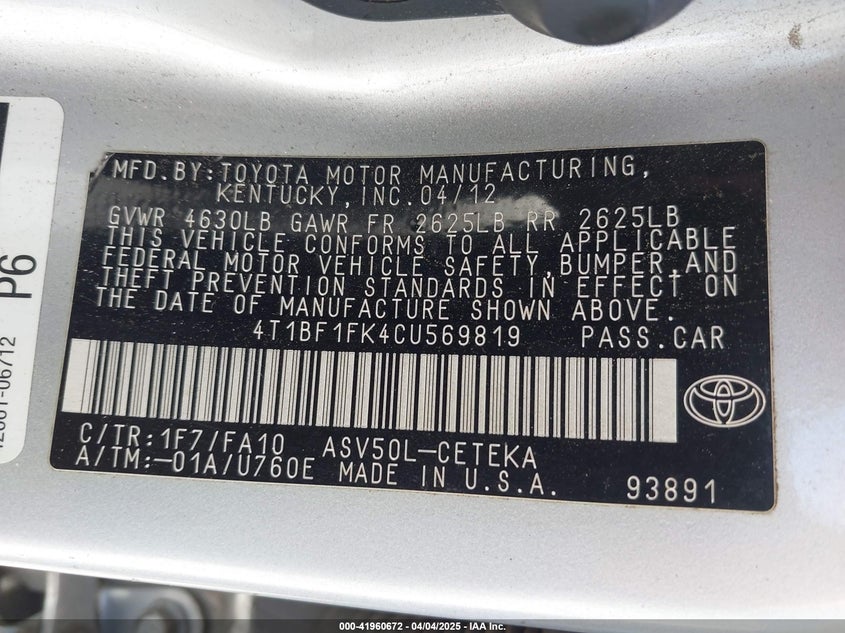 2012 TOYOTA CAMRY VIN: 4T1BF1FK4CU569819