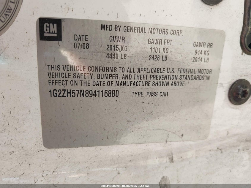 2009 PONTIAC G6 VIN: 1G2ZH57N894116880