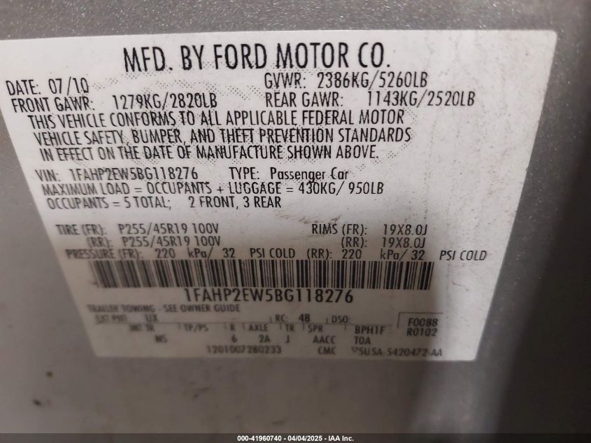 2011 Ford Taurus Sel VIN: 1FAHP2EW5BG118276 Lot: 41960740