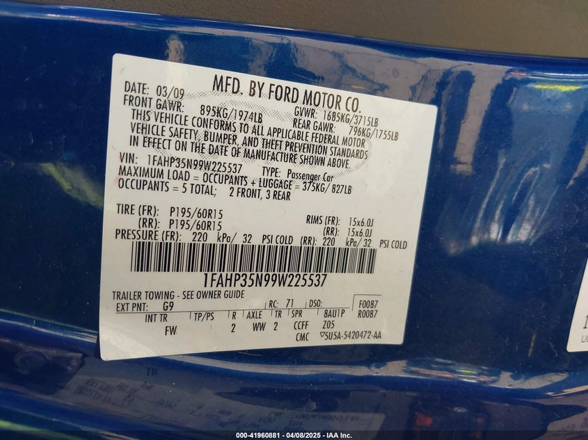 2009 FORD FOCUS VIN: 1FAHP35N99W225537