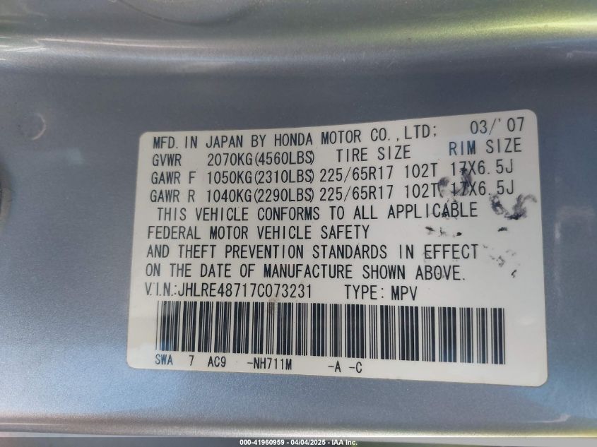 2007 Honda Cr-V Ex-L VIN: JHLRE48717C073231 Lot: 41960959