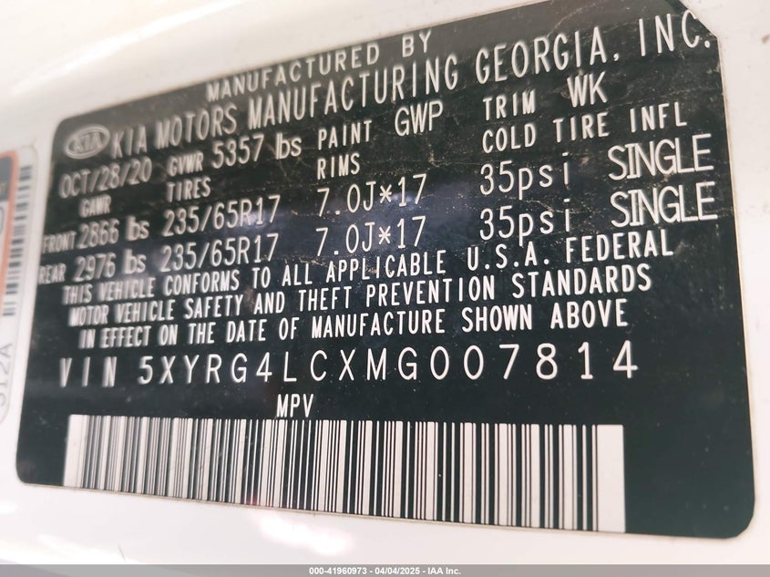 2021 Kia Sorento Lx VIN: 5XYRG4LCXMG007814 Lot: 41960973