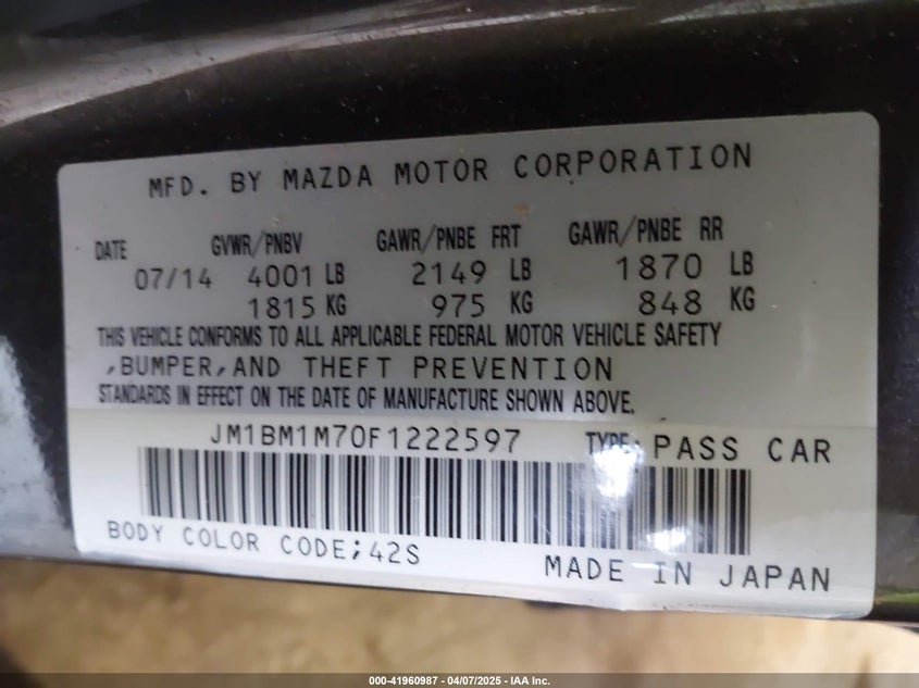 2015 MAZDA MAZDA3 VIN: JM1BM1M70F1222597