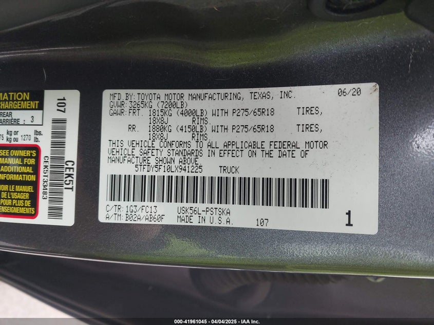 2020 TOYOTA TUNDRA VIN: 5TFDY5F10LX941225