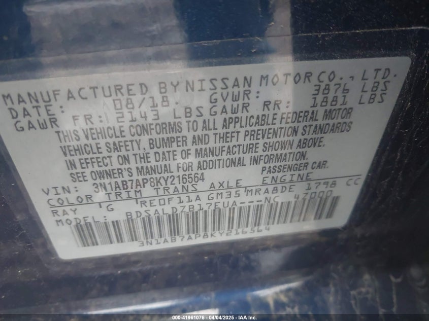 2019 NISSAN SENTRA VIN: 3N1AB7AP8KY216564