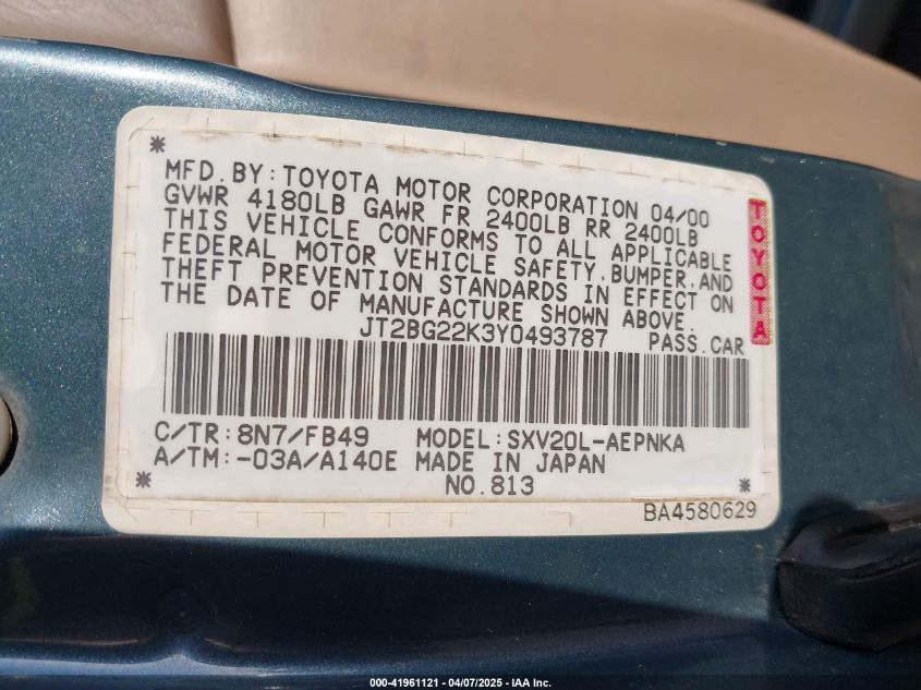 2000 Toyota Camry Le VIN: JT2BG22K3Y0493787 Lot: 41961121