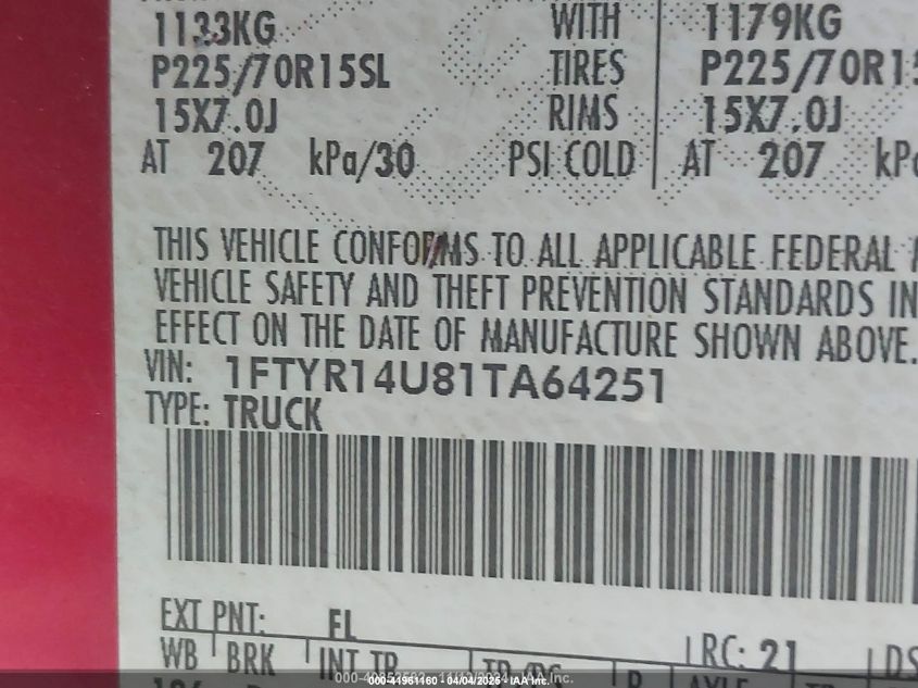 2001 Ford Ranger Edge/Xl/Xlt VIN: 1FTYR14U81TA64251 Lot: 41961160