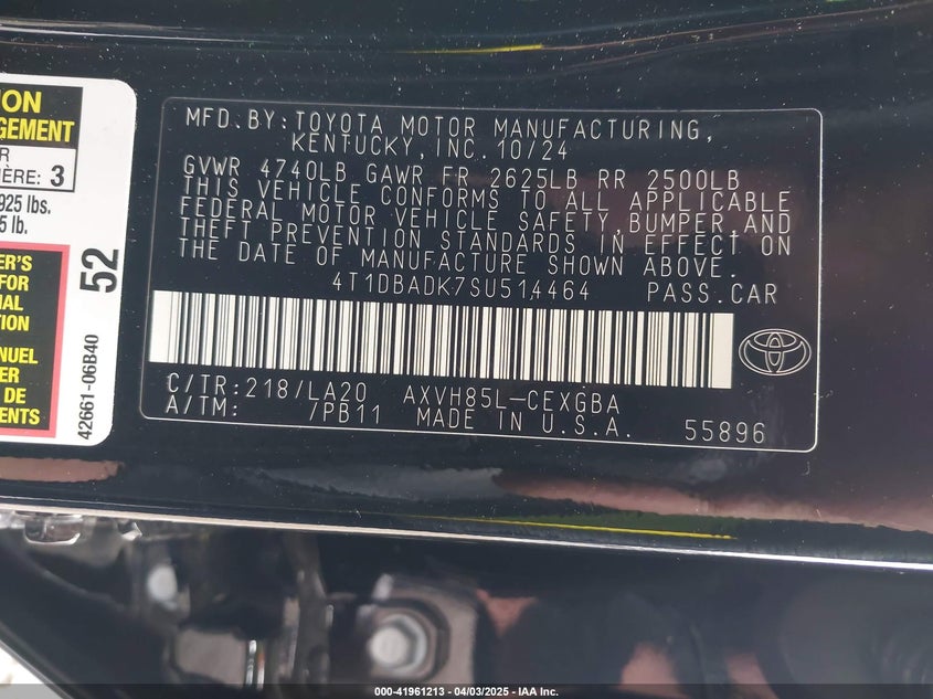 2025 TOYOTA CAMRY VIN: 4T1DBADK7SU514464