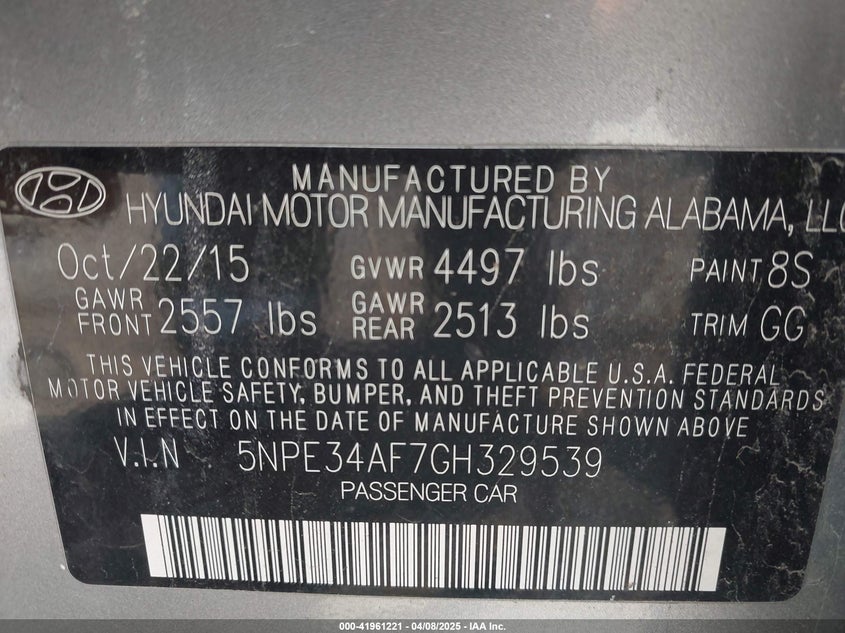 2016 HYUNDAI SONATA VIN: 5NPE34AF7GH329539