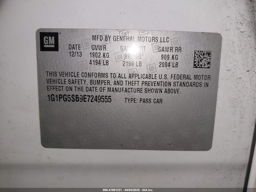 2014 CHEVROLET CRUZE VIN: 1G1PG5SB9E7249555