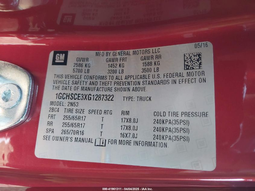 2016 CHEVROLET COLORADO LT 1GCHSCE3XG1287322