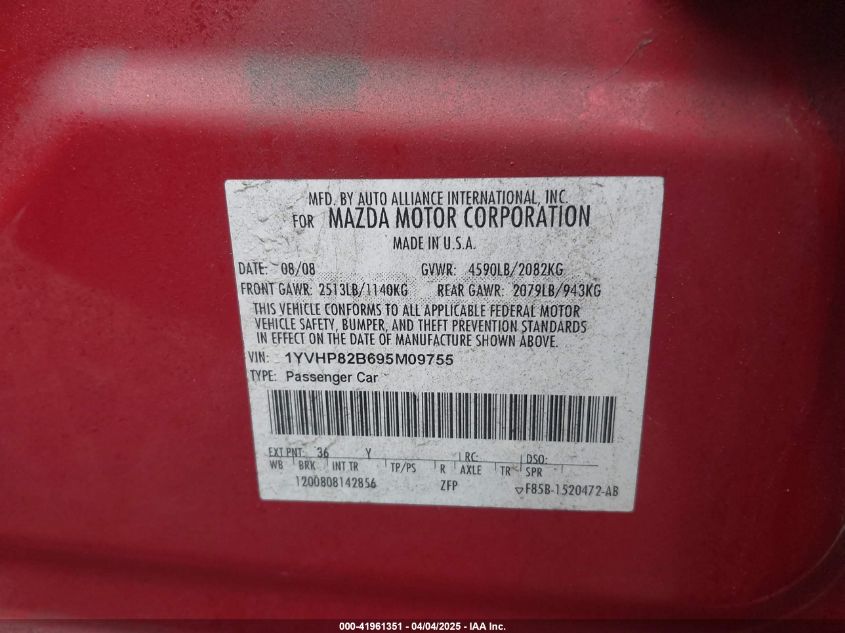 2009 Mazda Mazda6 S Touring VIN: 1YVHP82B695M09755 Lot: 41961351