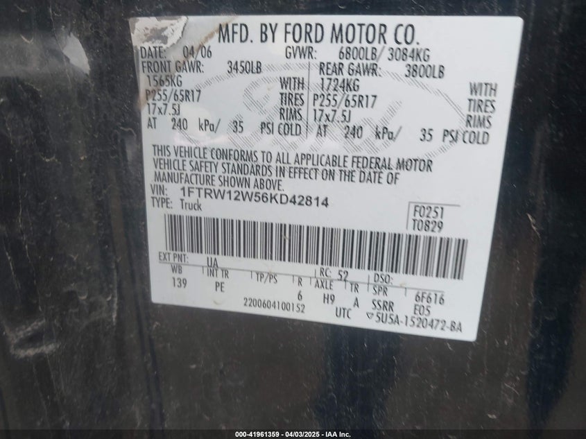2006 FORD F-150 VIN: 1FTRW12W56KD42814