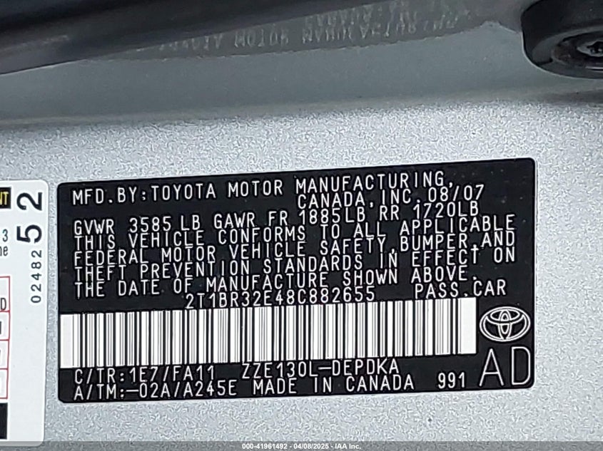 2008 TOYOTA COROLLA VIN: 2T1BR32E48C882655