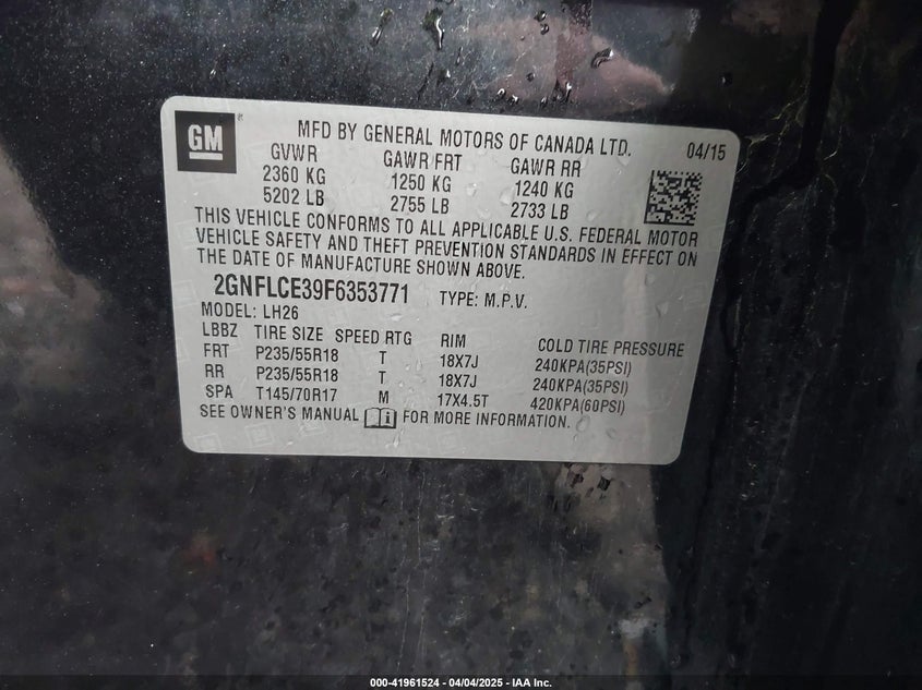2015 CHEVROLET EQUINOX VIN: 2GNFLCE39F6353771