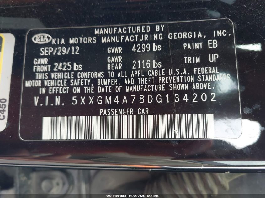 2013 Kia Optima Lx VIN: 5XXGM4A78DG134202 Lot: 41961553