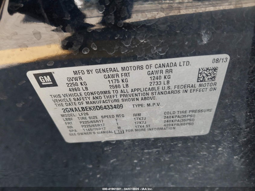 2013 CHEVROLET EQUINOX VIN: 2GNALBEK8D6433409