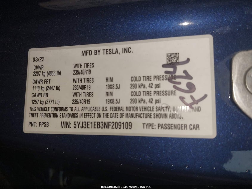 VIN 5YJ3E1EB3NF209109 2022 TESLA MODEL 3 LONG RANGE DUAL MOTOR ALL-WHEEL DRIVE