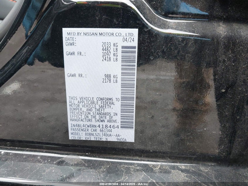 2024 NISSAN ALTIMA VIN: 1N4BL4CW8RN418464