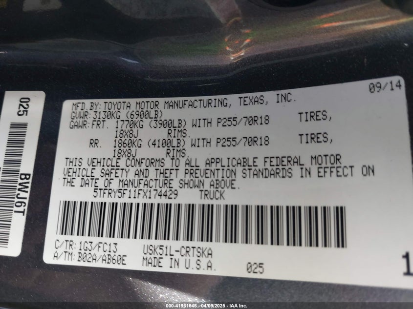 2015 TOYOTA TUNDRA VIN: 5TFRY5F11FX174429