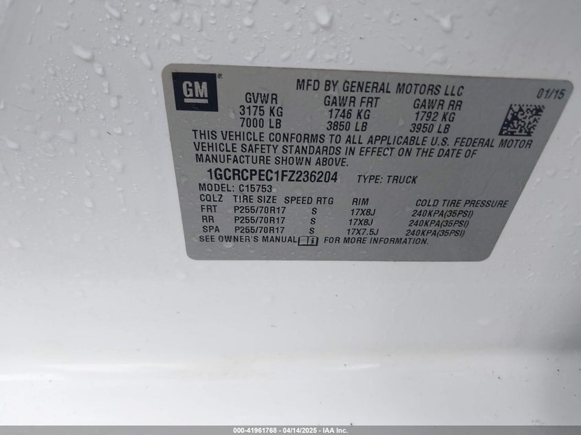 2015 CHEV SILVERADO 1500 WORK VIN: 1GCRCPEC1FZ236204