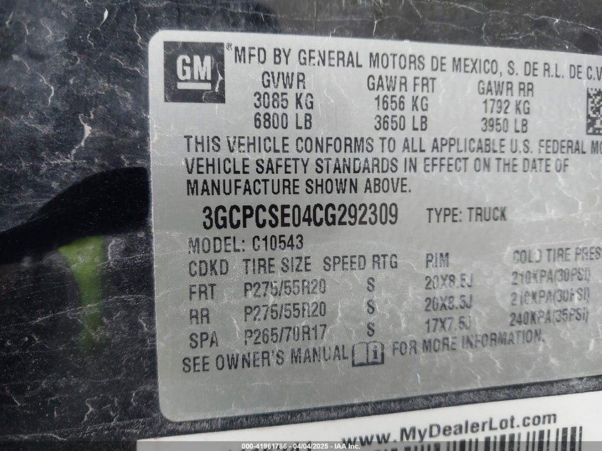 2012 CHEVROLET SILVERADO VIN: 3GCPCSE04CG292309