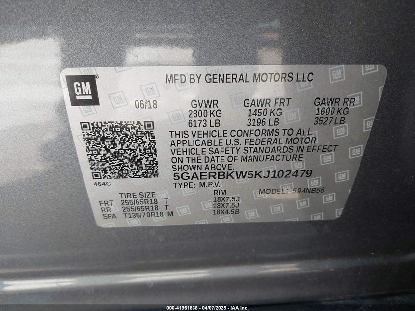 2019 BUICK ENCLAVE VIN: 5GAERBKW5KJ102479