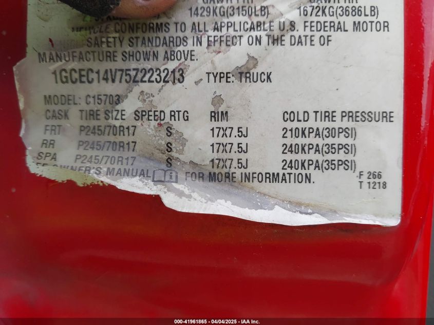 2005 Chevrolet Silverado 1500 Ls VIN: 1GCEC14V75Z223213 Lot: 41961865
