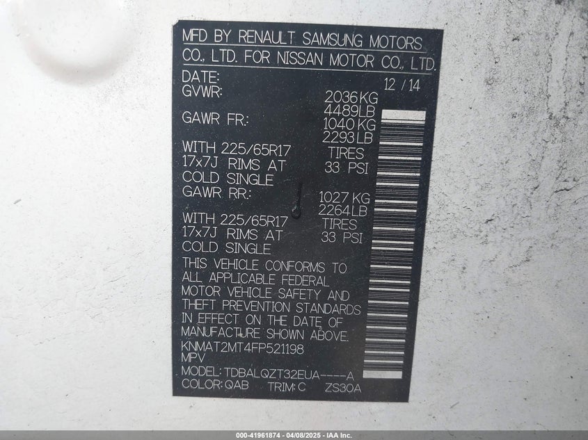 2015 NISSAN ROGUE SV - KNMAT2MT4FP521198