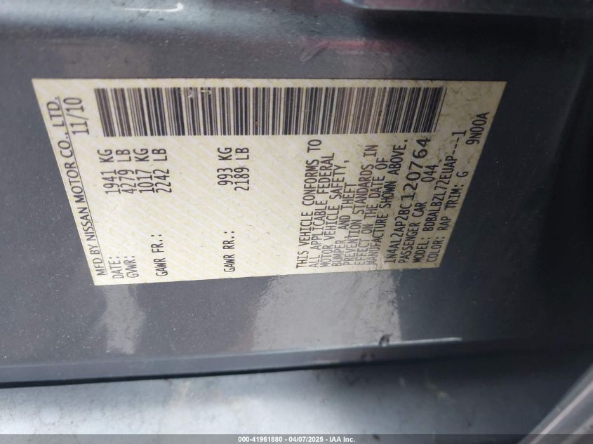 2011 Nissan Altima 2.5 S VIN: 1N4AL2AP2BC120764 Lot: 41961880