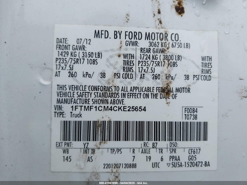 2012 FORD F-150 VIN: 1FTMF1CM4CKE25654