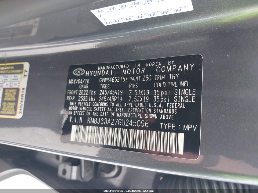 2016 HYUNDAI TUCSON VIN: KM8J33A27GU245096