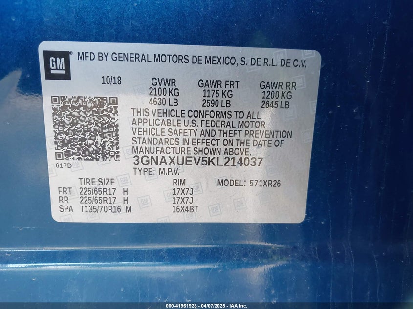 2019 CHEVROLET EQUINOX VIN: 3GNAXUEV5KL214037