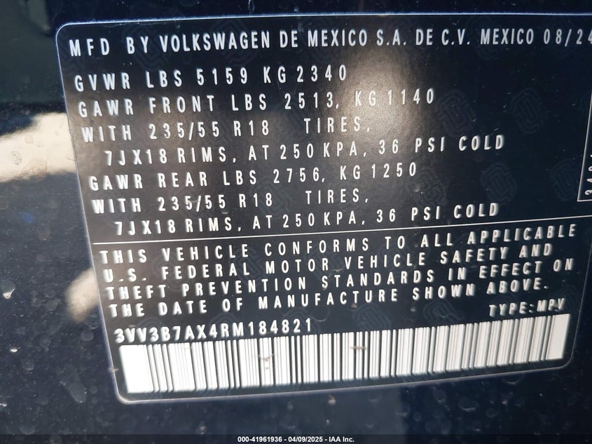 2024 VOLKSWAGEN TIGUAN 2.0L I-4 DI, DOHC, V(VIN: 3VV3B7AX4RM184821