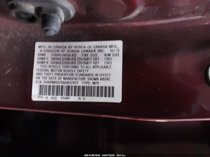 2016 HONDA CR-V VIN: 2HKRM4H70GH657477