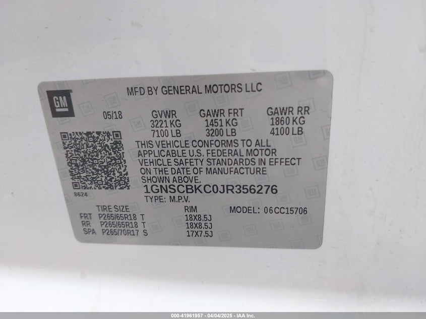 2018 CHEVROLET TAHOE VIN: 1GNSCBKC0JR356276
