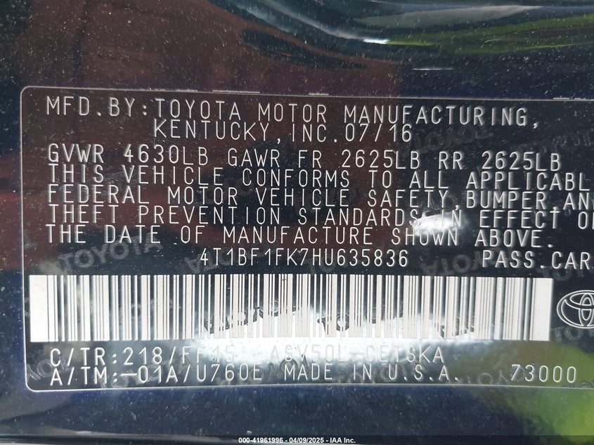 2017 TOYOTA CAMRY VIN: 4T1BF1FK7HU635836