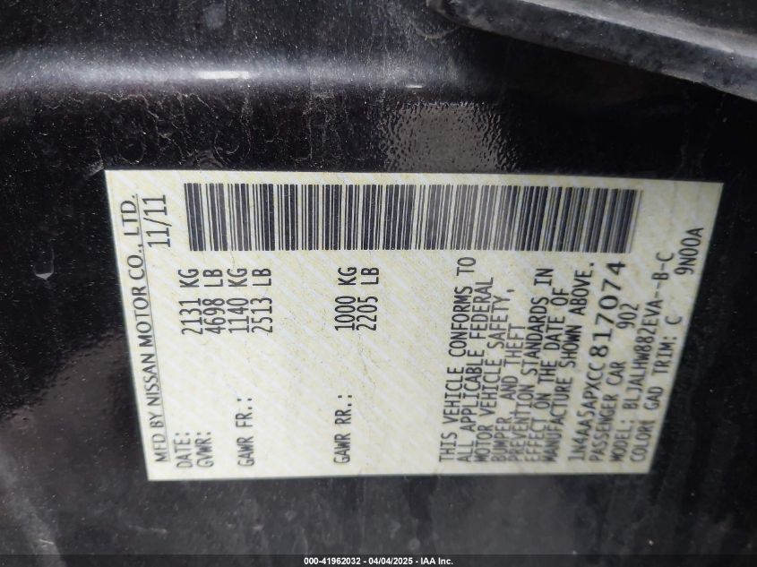 2012 Nissan Maxima 3.5 Sv VIN: 1N4AA5APXCC817074 Lot: 41962032