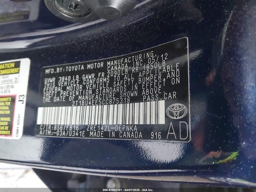 2012 TOYOTA COROLLA VIN: 2T1BU4EE5CC875318