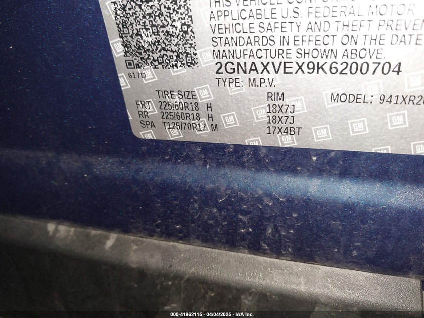 2019 CHEVROLET EQUINOX VIN: 2GNAXVEX9K6200704