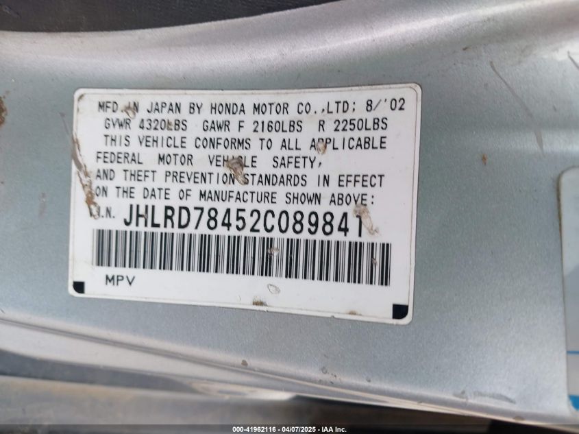 2002 Honda Cr-V Lx VIN: JHLRD78452C089841 Lot: 41962116