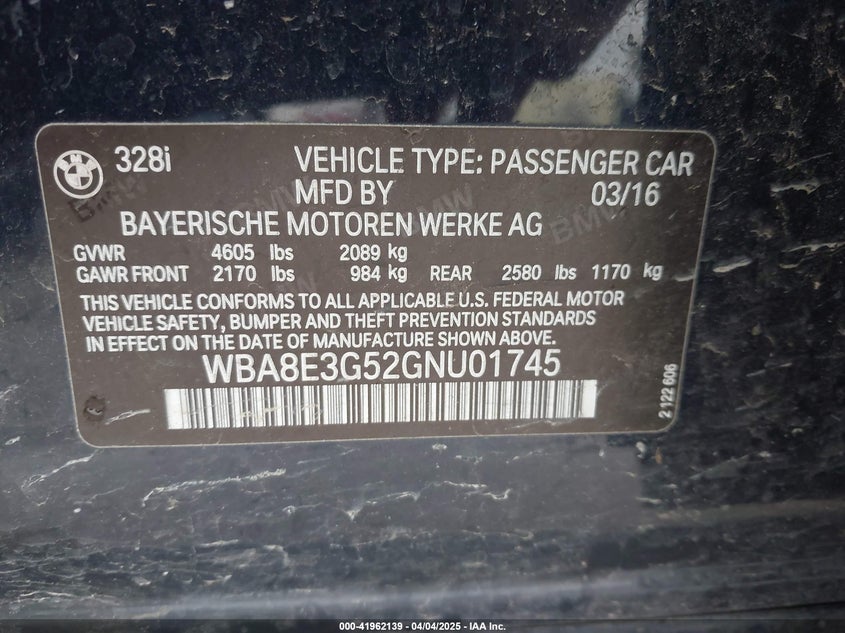 2016 BMW 328I VIN: WBA8E3G52GNU01745